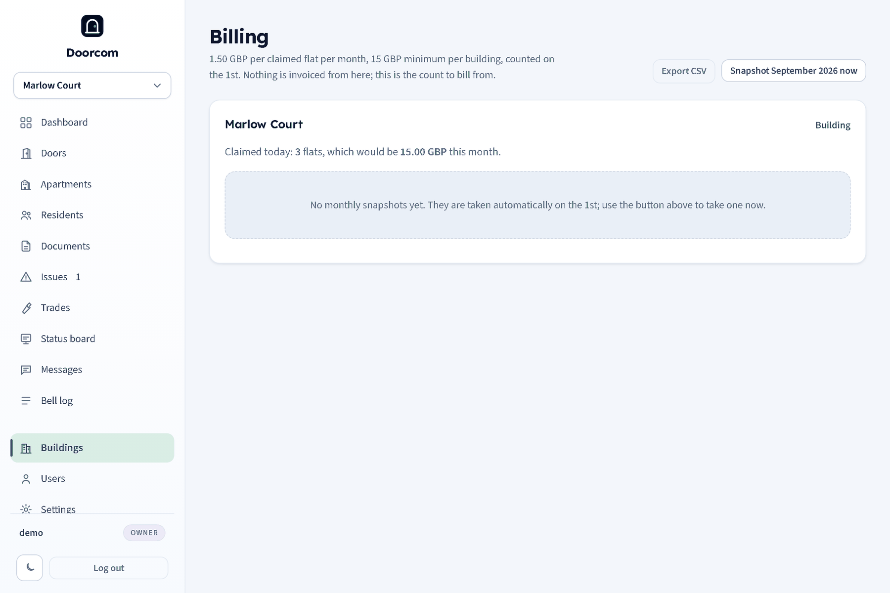The billing page: each building with claimed flats now, the monthly amount, and the snapshot history