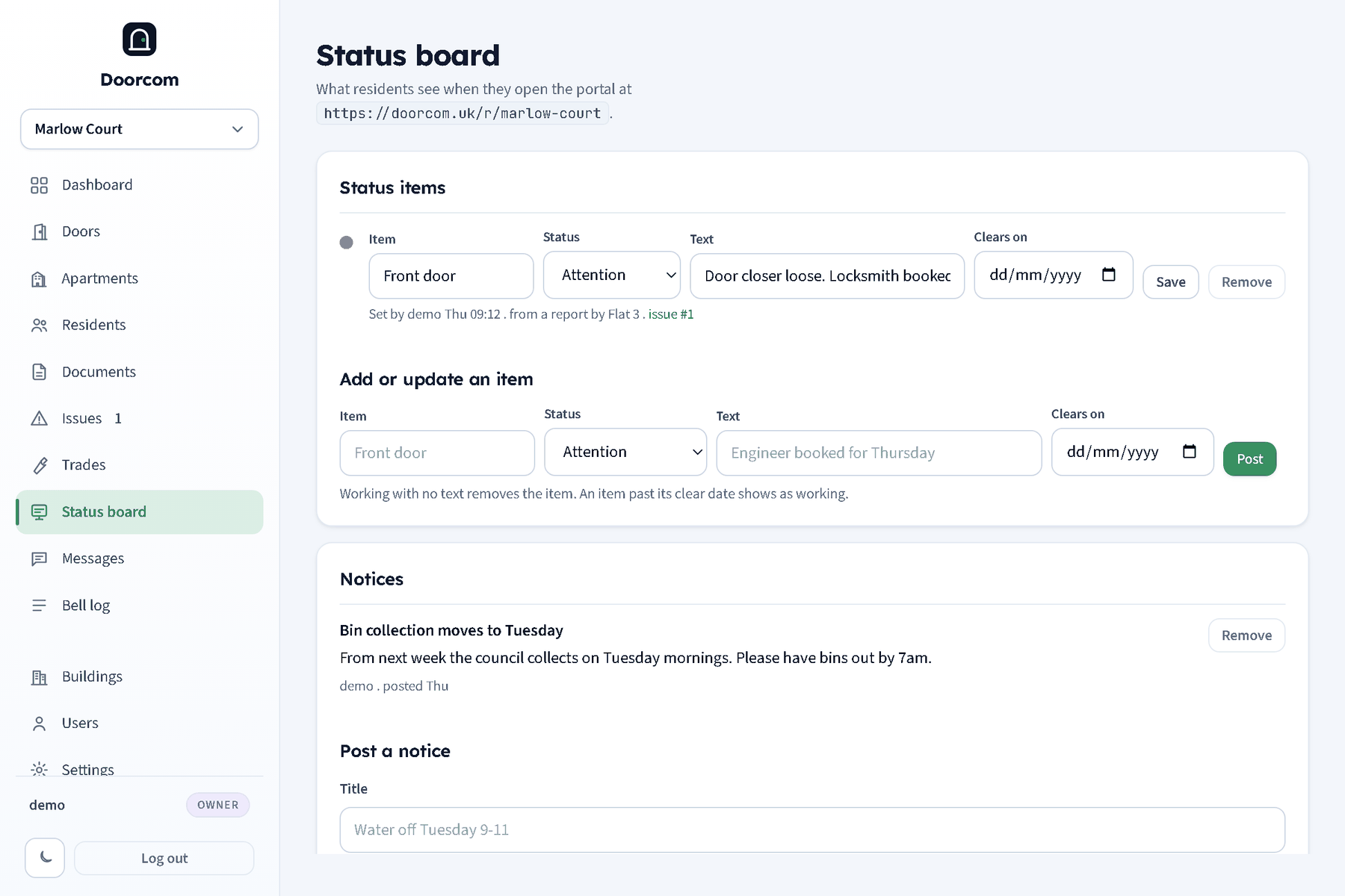 The status board page: the current items with their status, the set-an-item form, the notices and the post-a-notice form
