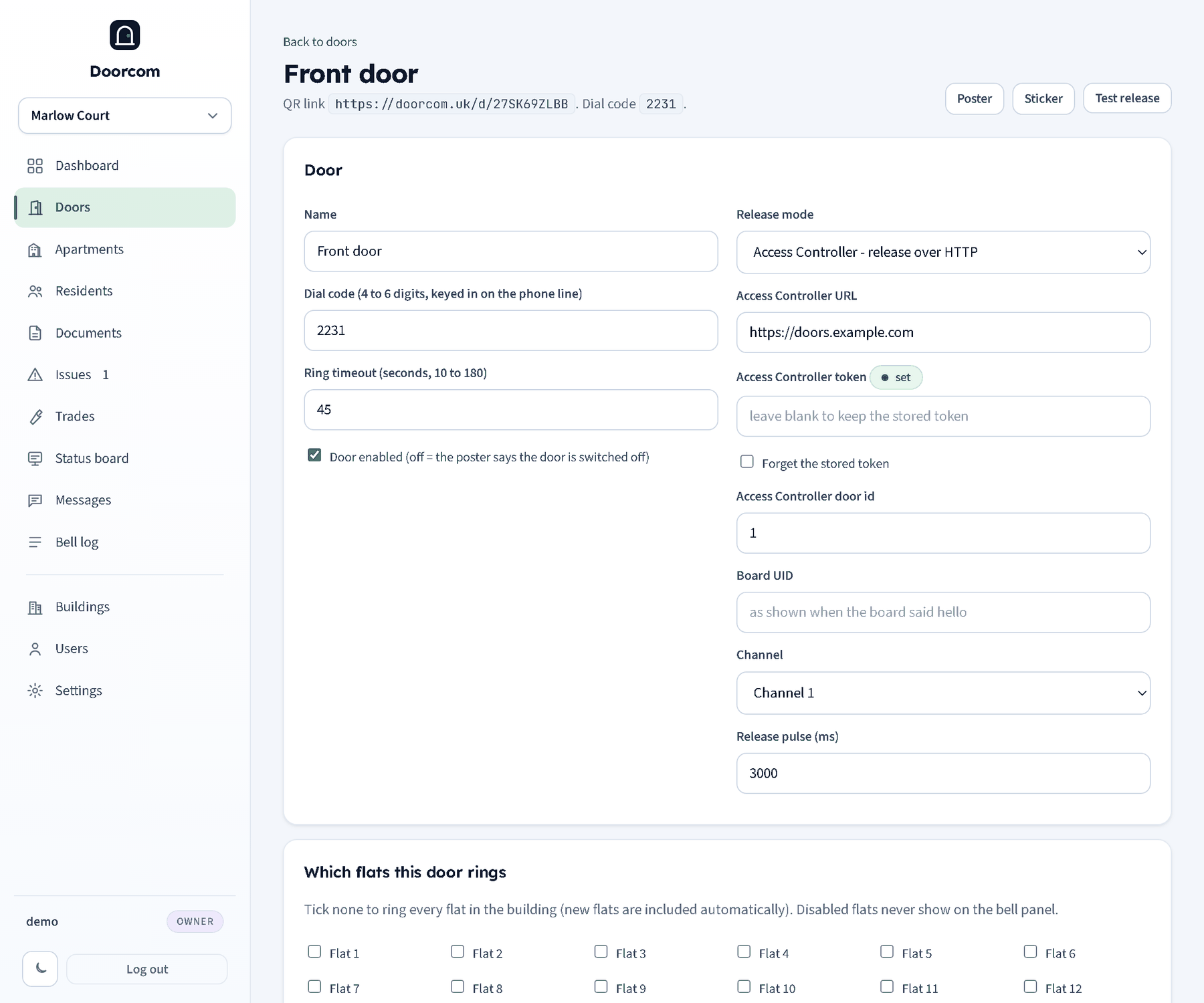 A door's page: name, dial code, ring timeout, enabled switch, release mode with the Access Controller fields, which flats it rings, and the deliveries and trades text