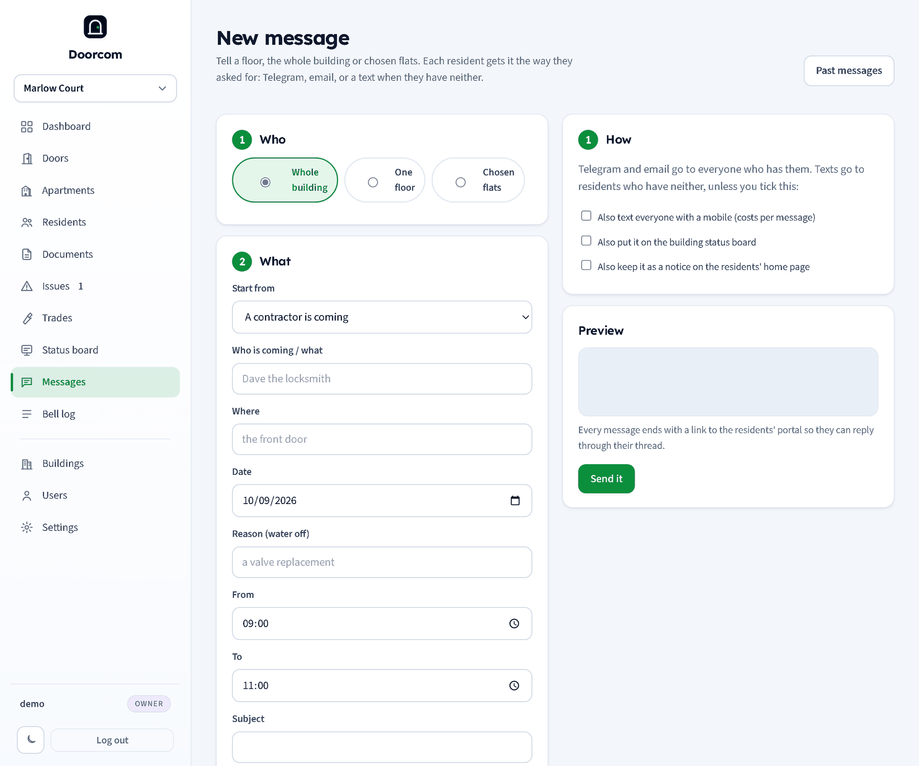 The new message wizard: Who with Whole building, One floor and Chosen flats, What with a template and fields, and the preview